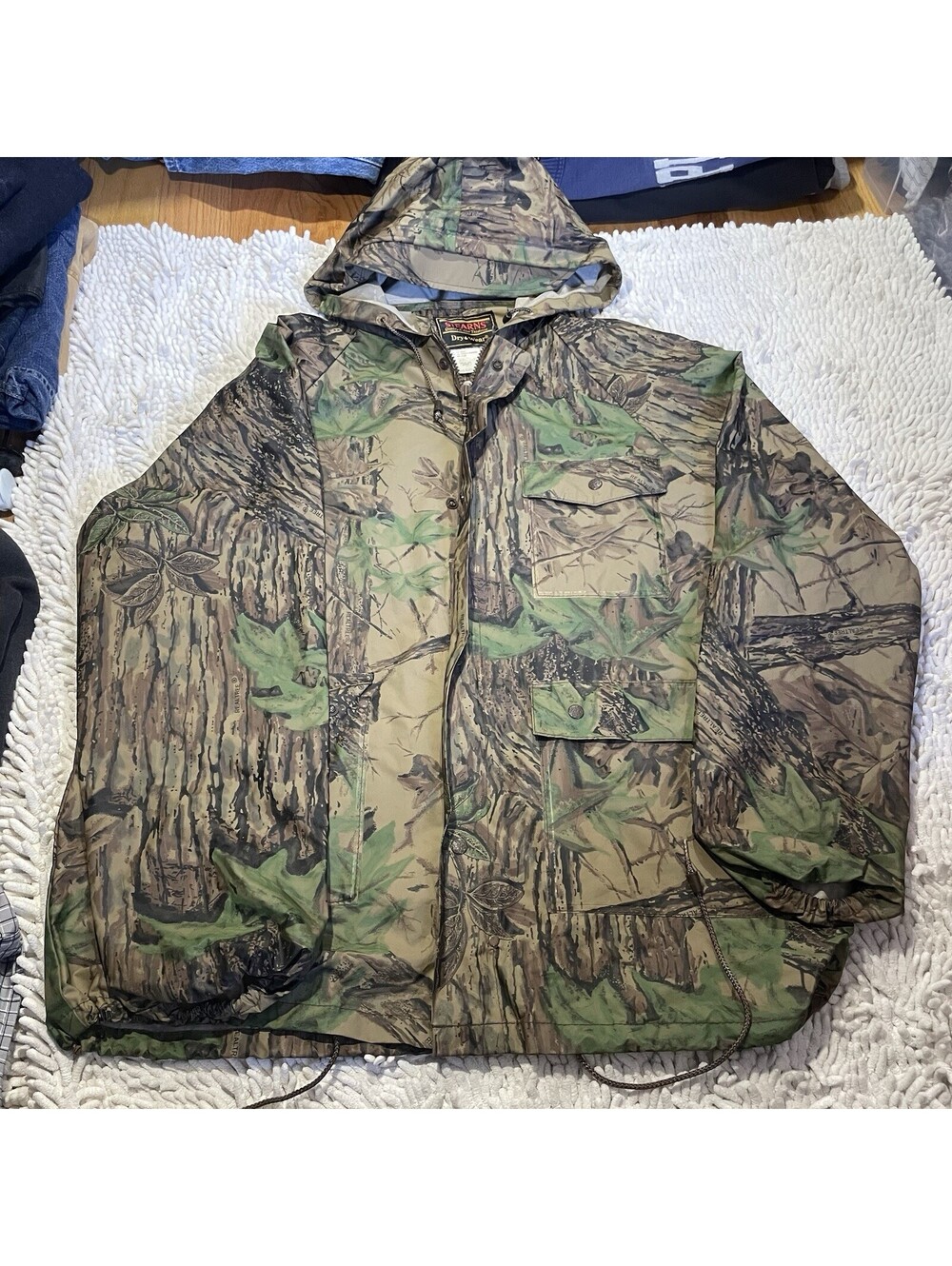 Stearns Dry Wear Rain Jacket Men M Mossy Oak Camo Hooded Fleece Lined Waterproof